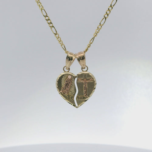 14KT Gold Charm Small Two Tone "Te Amo" Broken Heart with Right Jesus Crucifix and Left Virgin Mary Diamond Cut Border and Double Plain Bell