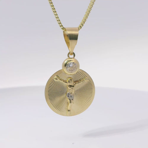 14KT Gold Charm Medium Two Tone Round Sunray Crucifix Coin with White CZ Stone Top and Plain Bell