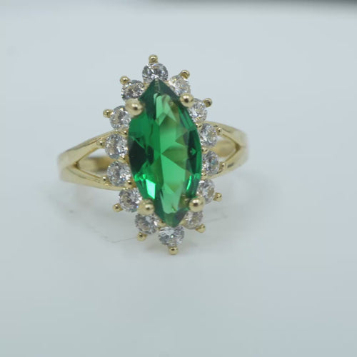 14KT Women's Gold Ring Jumbo Dark Green Marquise Center CZ with Round White CZ Stones Border and Plain Split Band