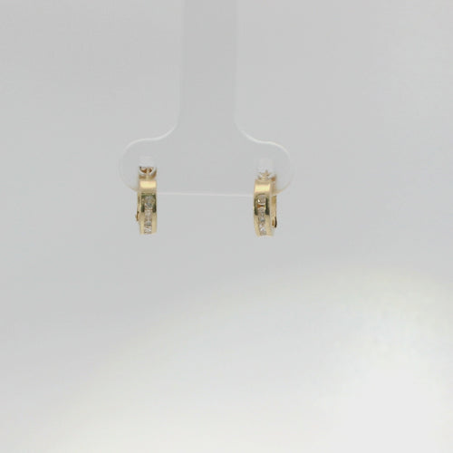 14KT Gold Earring Extra Small White CZ Stones Single Row Hoops with Two Tone Color Block Diamond Cut Back Huggie
