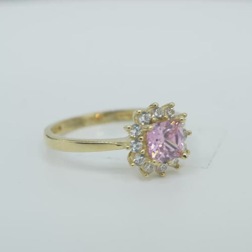14KT Gold Ring Women's Flower Square Pink Center with White CZ Stone Petals Border Plain Band