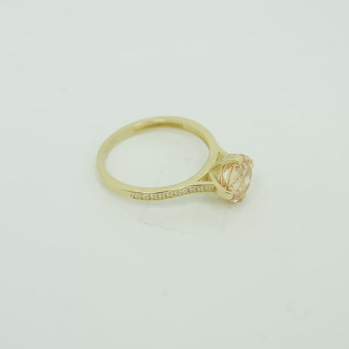 14KT Gold Women's Ring Octagon Rose Mini 4 Prong Champagne CZ Center Stone with Round White Pave CZ Stone Band