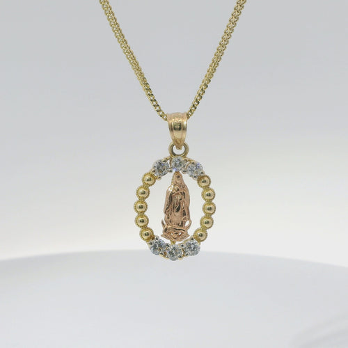 14KT Gold Charm Medium Oval Two Tone Virgin Mary Open Center with Beaded Frame, Six White CZ Stones Frame, and Plain Bell