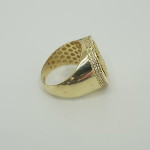 14KT Gold Ring Men's Round St. Clare Plain Border Double Row White CZ Stones Side Border Plain Band