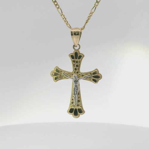 14KT Gold Charm Medium Two Tone Open Center Nugget Square Ends Crucifix Cross with Plain Bell
