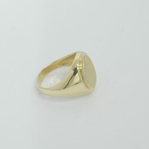 14KT Gold Ring Men's Two Tone Oval Signet Two Diagonal Stripe Plain Border Side Design Plain