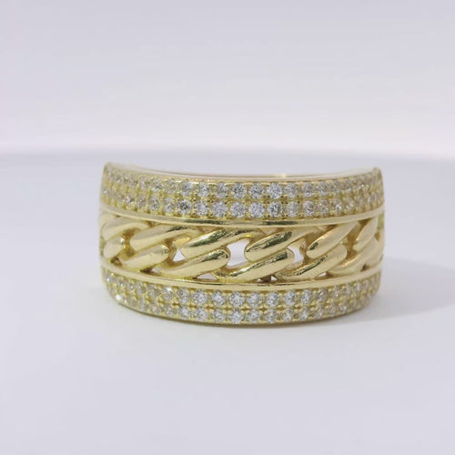 14KT Gold Ring Women's Cuban Link Center with Top and Lower Double Row of White CZ Stones Band