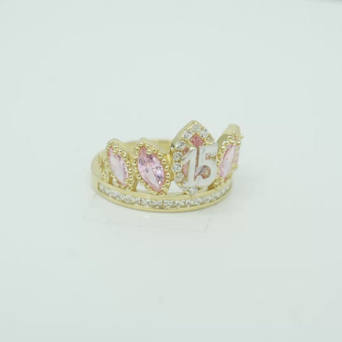 14KT Gold Ring Women's "15" Quinceanera Crown Light Pink CZ Stones with White Square CZ Stones Band Plain Shank