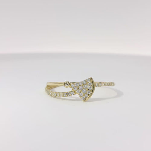 14KT Gold Ring Women's Light Weight White CZ Stone Band and Bell Center