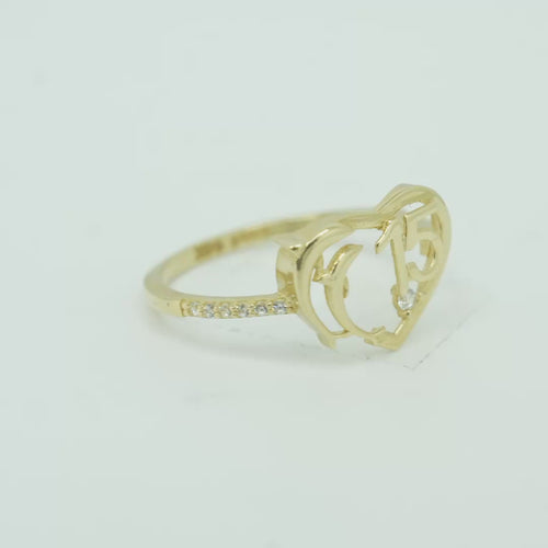 14KT Gold Ring Women's "15" Quinceanera Dolphin Centered in Plain Heart Shape and One Round White CZ Stone with White CZ Stones Band