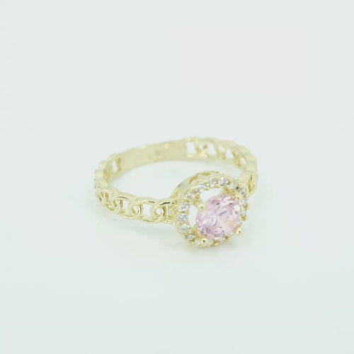 14KT Gold Ring Women's Round Pink Center Stone with White CZ Stone Border Chino Band