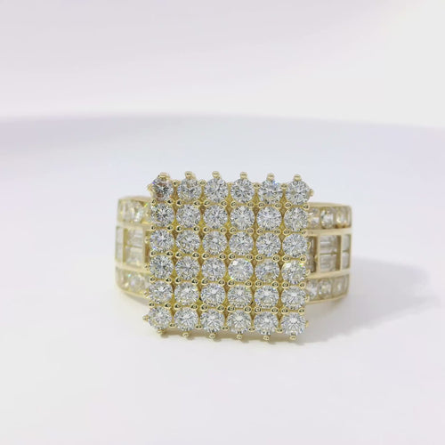 14KT Gold Ring Women's Mini Square Four Prong Six Row White CZ Stones Cluster with Three Sections of Two CZ Baguettes with Single Row of Round White CZ Stones Border Band
