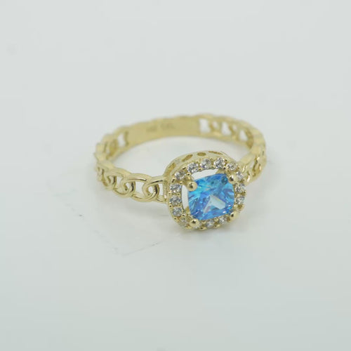 14KT Gold Ring Women's Square Turquoise Center with White CZ Stones Border Chino Link Band