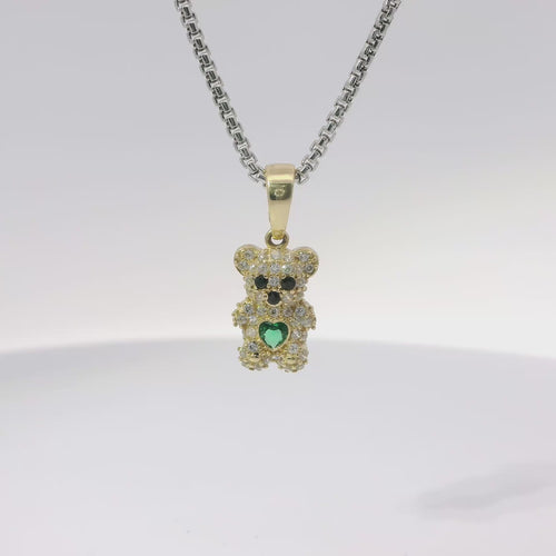 14KT Gold Charm Extra Small White CZ Stones Teddy Bear with Dark Green Heart Belly and Plain Bell