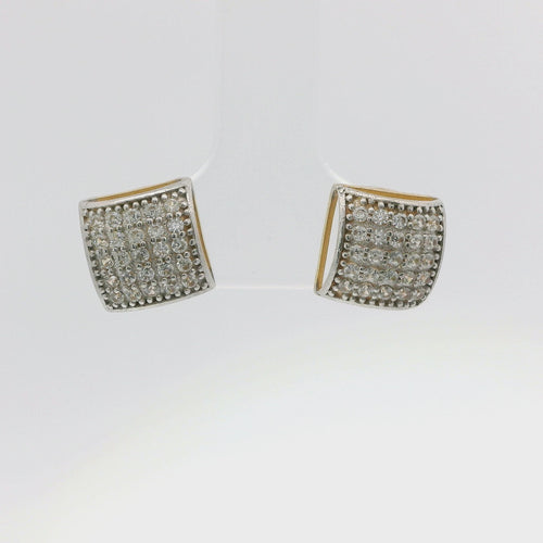 14KT Gold Earring Small Two Tone Curved Square White CZ Stones Cluster with Push Back Post and Butterfly Backs