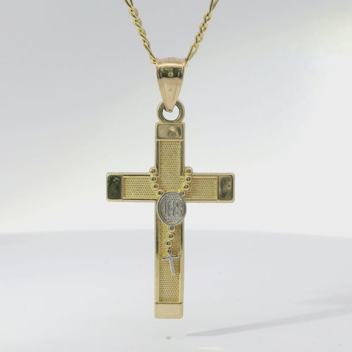 14KT Gold Charm Large Two Tone Rosary Bead Cross with Plain Band