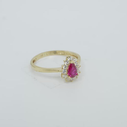 14KT Gold Ring Women's Flower Pear Red Center Stone with White CZ Stone Petals Border Plain Band