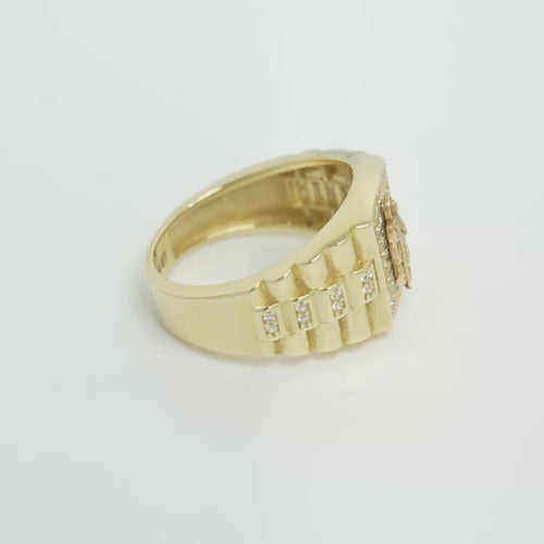 14KT Gold Ring Men's Two Tone Square St. Jude White CZ Stone Border with White CZ Stone Top/Side and Side Band Ridged Watch Design