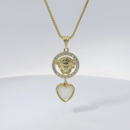 14KT Gold Charm Extra Small Medusa Coin with Black Enamel Center, White CZ Stone Border, White Enamel Hanging Heart and Plain Bell