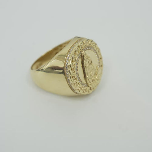 14KT Gold Ring Men's Round Caridad Cobre Coin with White CZ Stones Border and Chino Link Frame with Single Row of White CZ Stones Sides