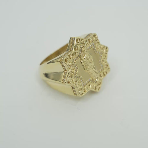 14KT Gold Ring Men's St Jude Star of David with White CZ Stones Chino Link Border and Plain Band