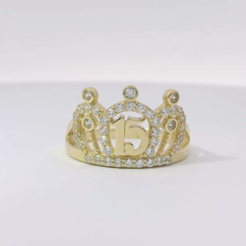 14KT Gold Ring Women's Quincenaera "15" Tiara Crown with Three Pillow Puffs White CZ Stone Outline with Plain Split Band