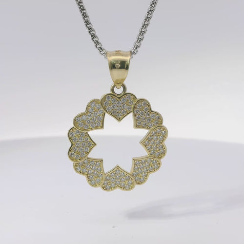 14KT Gold Charm Medium Open Center White CZ Stones Heart Wreath with Plain Bell