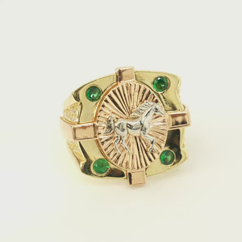 14KT Gold Ring Men's Square Tri Tone Raised Oval Full Horse with Sunray Background and Corner Design One Green CZ Stone Band Design Double Row White CZ Stone Interlocking Top/Side Cross