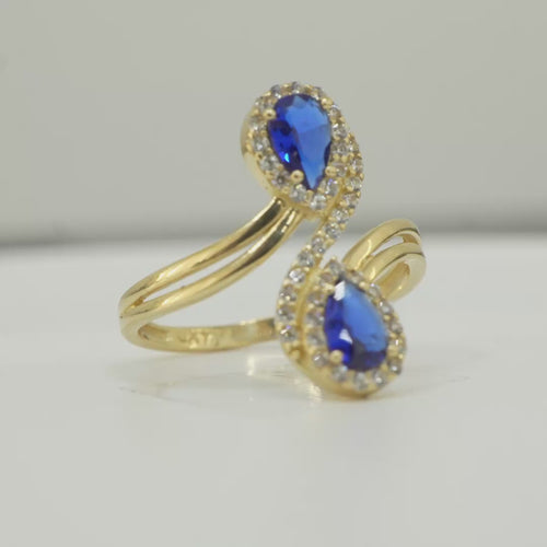 14KT Gold Ring Women's Navy Blue Bypass with Pear Shape Ends and White CZ Stone Border