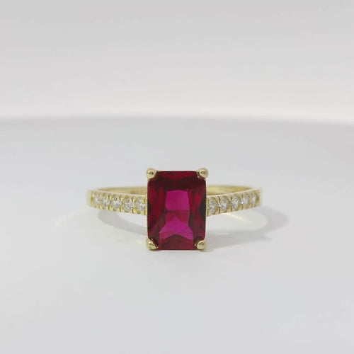 14KT Gold Ring Women's Dark Pink Rectangle Double Halo Center with Five White CZ Stones on Band Sides