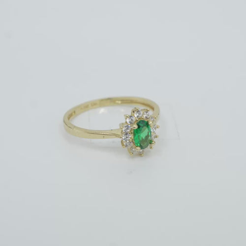 14KT Women's Gold Ring Flower Oval Dark Green Center Stone with White CZ Stone Petals Border Plain Band