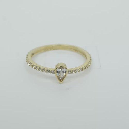 14KT Gold Ring Women's White Pear Tear Drop Center CZ Stone with Round White CZ Stones Band
