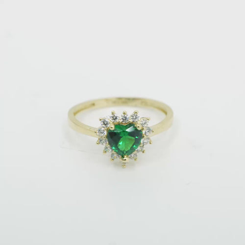 14KT Gold Ring Women's Flower Heart Dark Green Center Stone with White CZ Stone Petal Border Plain Band