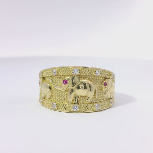 14KT Gold Ring Women's Closed Split Band with Three Pink Eye Elephants White CZ Stones Band Border
