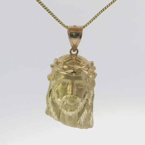 14KT Gold Charm Large Diamond Cut Slant Bottom Jesus Head Front Portrait with Plain Bell