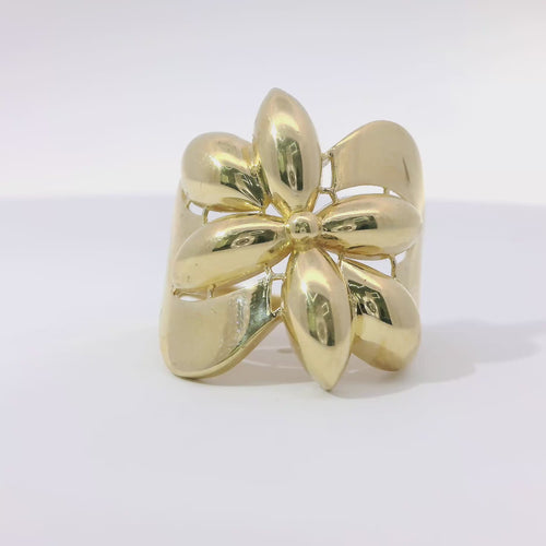 14KT Gold Ring Women's 6 Point Bubble Flower with Cutout Border Wavy Band
