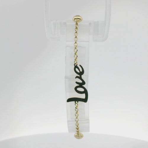 14KT Gold Bracelet Women's Three Charm Love Center with Cable Link Band and with Two Puff Hearts, White CZ Stone Ends, and Lobster Clasp