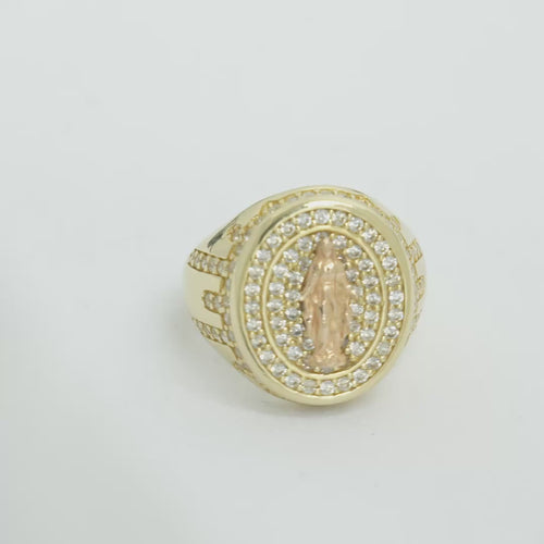 14KT Gold Ring Men's Oval Two Tone Open Hand Virgin Mary Center with White CZ Stones Background Plain Border with White CZ Drips on Sides