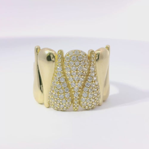 14KT Gold Ring Women's Three White CZ Stones Droplets Center and Four Plain Droplets with Plain Band