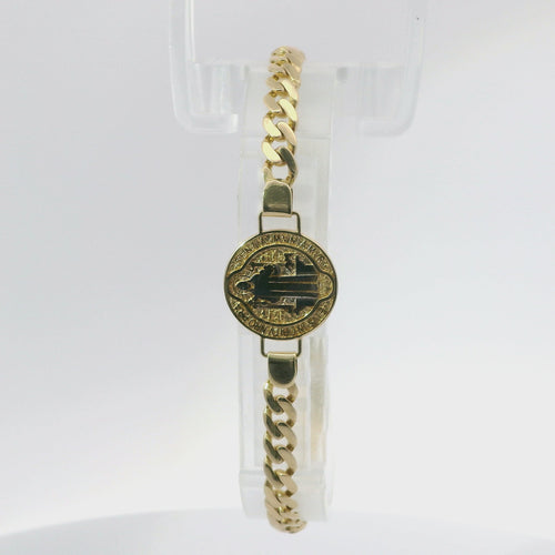 14KT Gold Bracelet Women's Single Charm Round St. Benedict Coin with White CZ Stone End Cuban Link Lobster Clasp Band