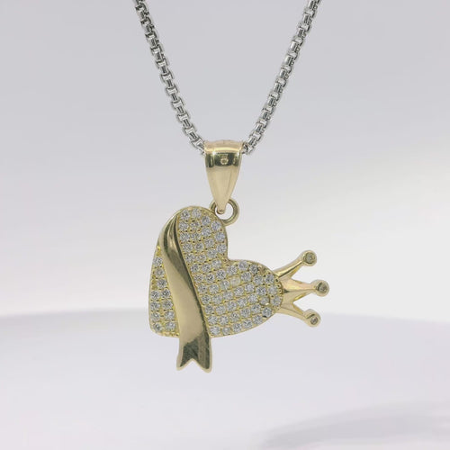 14KT Gold Charm Small White CZ Stones Heart with Plain Crown, Sash and Bell