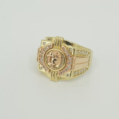 14KT Gold Ring Men's Square Two Tone Horse Head Round Center with Horseshoe Frame and White CZ Stones Border White CZ Stone on Each Corner and U-Shaped White CZ Stones Band Border