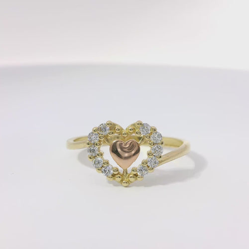 14KT Gold Ring Women's Two Tone Plain Rose Gold Center with White CZ Stones Outline Border and Asymmetrical Plain Band