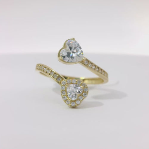 14KT Gold Ring Women's Double Heart White CZ Stone Bypass Band