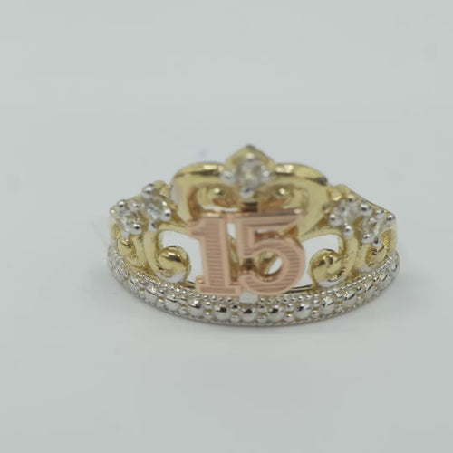 14KT Gold Ring Women's Tri Tone "15" Quinceanera Tiara with Five White CZ Stones White Gold Band Plain Band