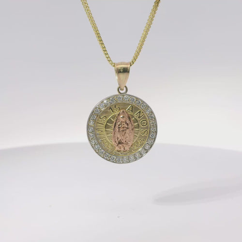 14KT Gold Charm Medium Round Two Tone Virgin Mary Quinceanera "15 Anos" Coin with White CZ Stones Border and Plain Bell