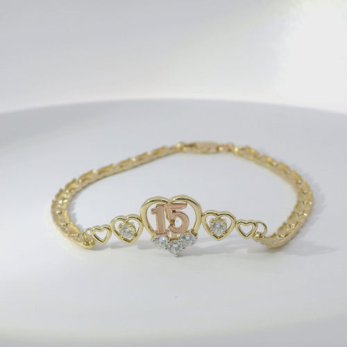 14KT Gold Bracelet Women's Two Tone Rose Gold "15" Center Quinceanera Plaque with Five Plain Open Hearts with White CZ Stones in Three of Hearts and Plain Wheat Shape Link and Lobster Clasp
