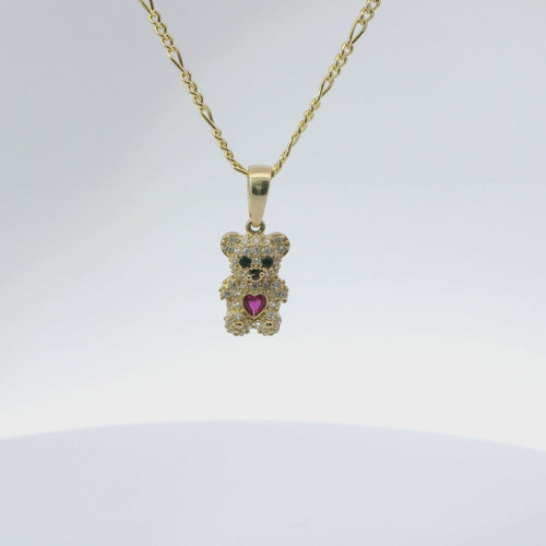 14KT Gold Charm Extra Small White CZ Stones Teddy Bear with Red Heart Belly and Plain Bell