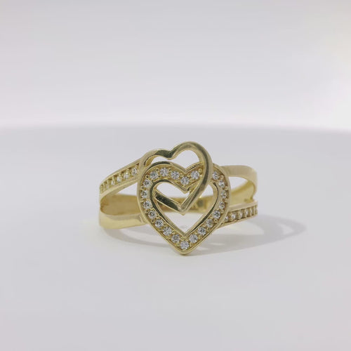 14KT Gold Ring Women's Interlocking Hearts Plain and CZ Stone Hearts and Split Band