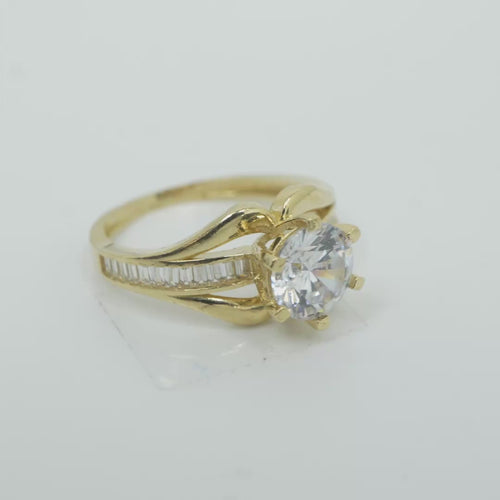 14KT Gold Ring Women's White Round 6 Prong Center CZ with White Baguette CZ Band and Plain Lips Border